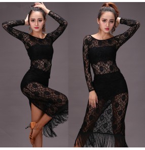 Black lace see through back split long sleeves fringes fashion sexy women's ladies female competition performance latin salsa cha cha dance dresses sets 